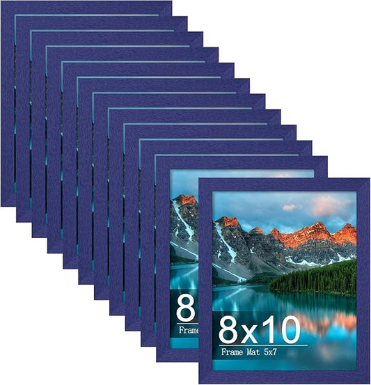 Picrit 8x10 Picture Frame Set of 12, Display 5x7 with Mat or 8x10 without Mat, Photo Frames for Wall Mounting or Table Top Display, Navy Blue