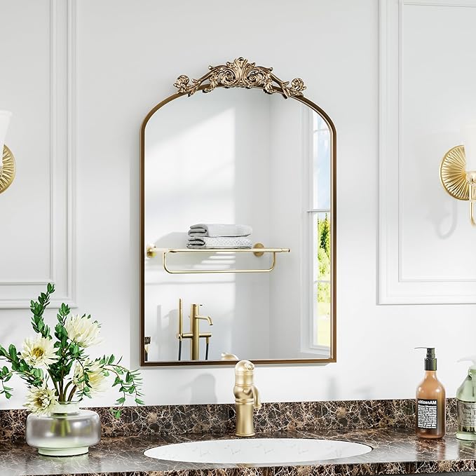 Dewfig Antique Arched Wall Mirror, 22"x30" Vintage Bronze Bathroom Mirror - Baroque Metal Frame Brass Mirror for Living Room, Bathroom, Fireplace, Entryway, Bronze