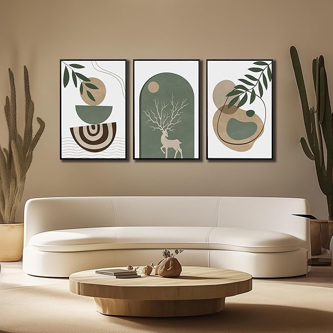 Framed Sage Green Boho Wall Art Set of 3, Minimalist Abstract Geometric Deer & Plant Illustrations, Bohemian Pictures Print Artwork Painting Wall Decor for Living Room Bedroom Home Decoration 24"x36"