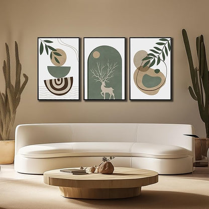 Framed Sage Green Boho Wall Art Set of 3, Minimalist Abstract Geometric Deer & Plant Illustrations, Bohemian Pictures Print Artwork Painting Wall Decor for Living Room Bedroom Home Decoration 24"x36"