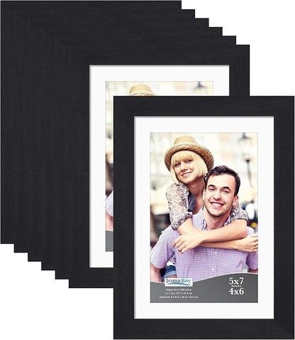Icona Bay 5x7 Picture Frame Set w/Removable Mat to 4x6 (Black, 10 Pack), Simple Modern Design, Table Top Kickstand and Wall Hanging Hooks Included, Impresia Collection