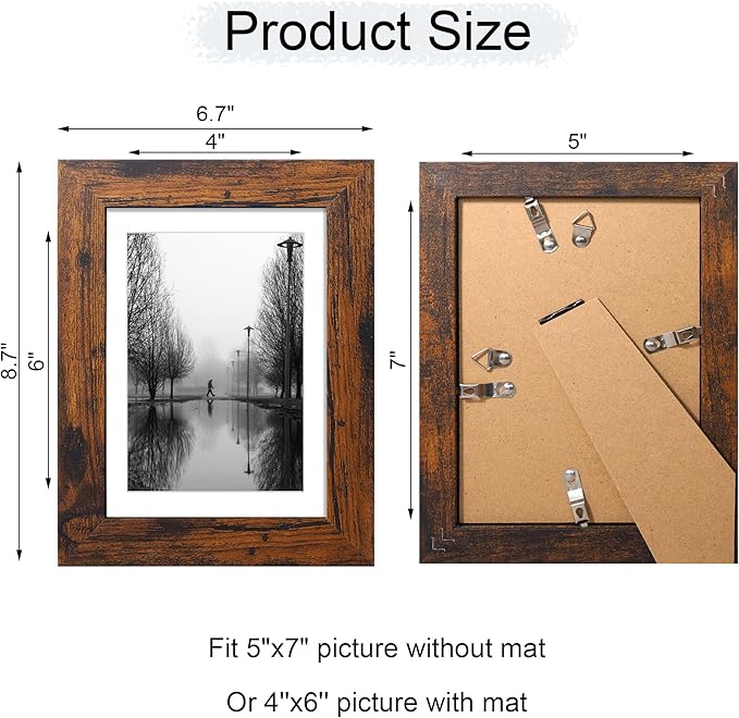 iRahmen 5x7 Picture Frame Set of 2 with High Definition Glass, Wood Photo Frame Display Pictures 4x6 with Mat or 5 x 7 without Mat for Table top and Wall Mounting