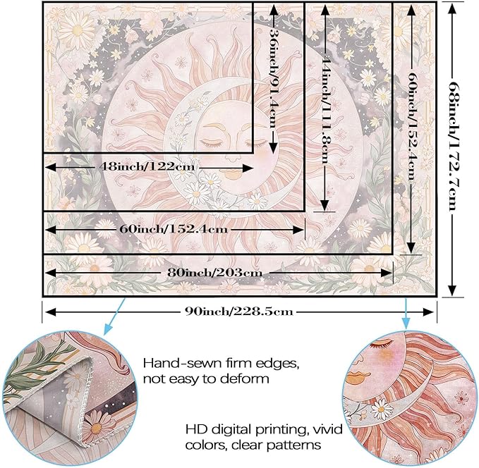 Neasow Sun Moon Daisy Tapestry, Boho Aesthetic Floral Wall Art, Pink Hippie Decor for Living Room Bedroom Home, 44x60 inches