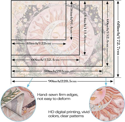 Neasow Sun Moon Daisy Tapestry, Boho Aesthetic Floral Wall Art, Pink Hippie Decor for Living Room Bedroom Home, 36x48 inches