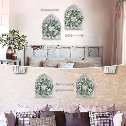 WAKOSAN Rustic Wood Window Frame with Green Wreath and Arrows Wall Decor，Farmhouse Window Frame Hanging Decor, Wooden Fake Decoration,Window Pane Wall Decor,Set of 2 (windows white)