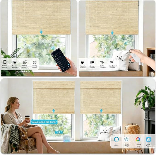 Motorized Bamboo Roman Shades, Motorized Blinds with Remote Compatible with Homekit, Alexa GoogleHome, Smart Wood Woven Shades for Indoor Windows, Customize, Driftland