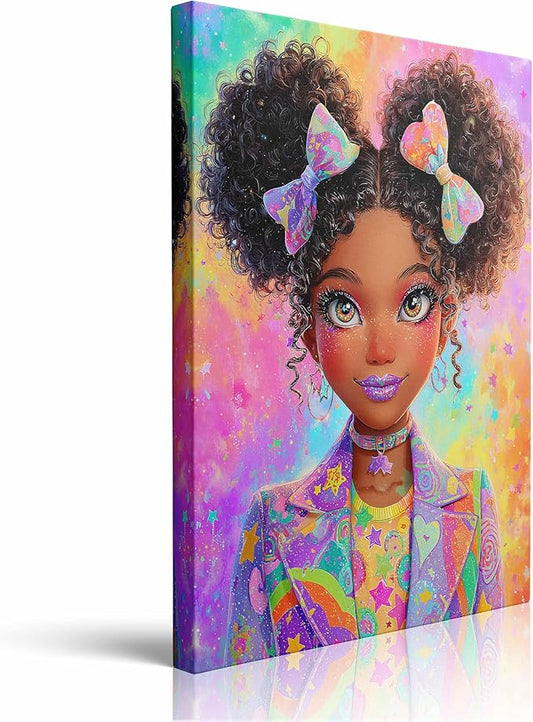African American Girl Canvas Wall Art Framed Kawaii Cute Digital Print Empowering Art Curly Hair Oversized Jacket Stars Rainbow Wall Decor Artwork Poster for Bedroom Office 16x24 Inches
