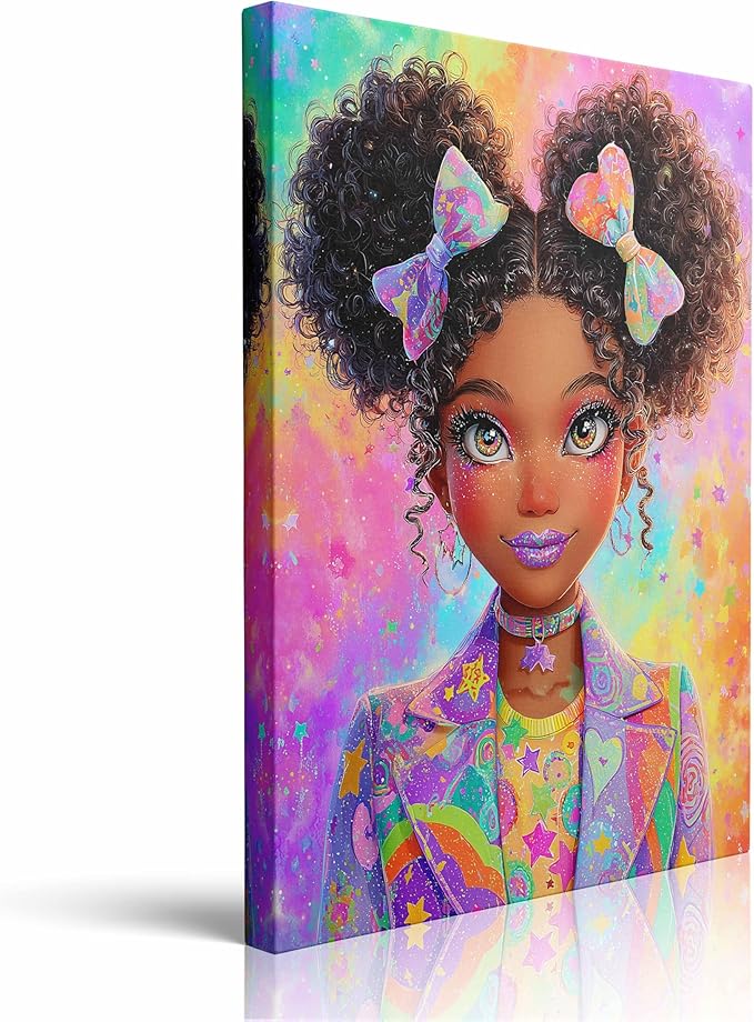 Black Girl Kawaii Art Canvas Wall Art Framed Digital Illustration Cute Curly Hair Pigtails Oversized Blazer Stars Rainbow Wall Decor Artwork Print Poster for Girls Bedroom 12x16 Inches