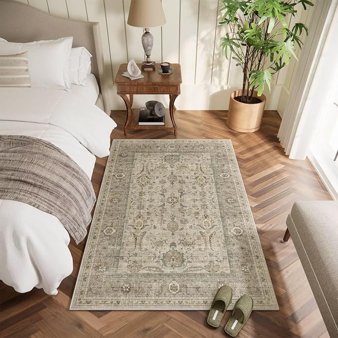 Washable 4x6 Rugs for Living Room, Boho Non-Slip Vintage Distress Small Rugs for Bedroom Nursery Office, 0.3" Neutral Oriental Throw Thin Carpet with Cushioning Pad, Flaxen/Multi, B2