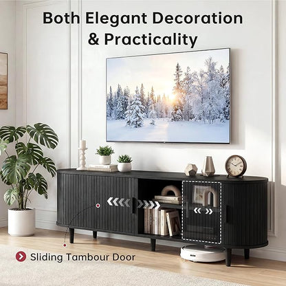 65" Mid Century Modern TV Stand, Wood TV Consoles with Sliding Doors and Power Outlet, Fluted Entertainment Center with Adjustable Shelves, Media Console for Living Room, Black