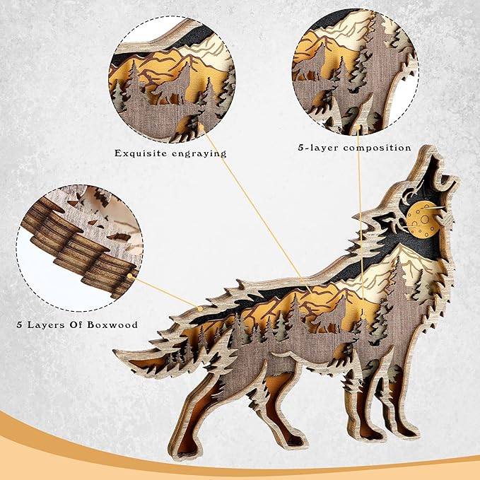 Honoson Forest Animal Rustic Wall Art Decor Wooden Farmhouse Wall Decoration Wooden Animal Decor Wood Forest and Mountain Ornaments for Cabin Bedroom Living Room Decor(Brown,Wolf Style)