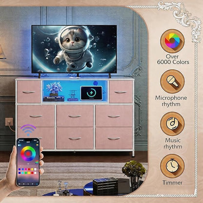 Simple Deluxe TV Stand Dresser with 8 Fabric Drawers and Open Shelves, Entertainment Center with LED Lights & Charging Station, Wood Top for 45" -55" TV, for Bedroom/Living Room/Hallway, Pink
