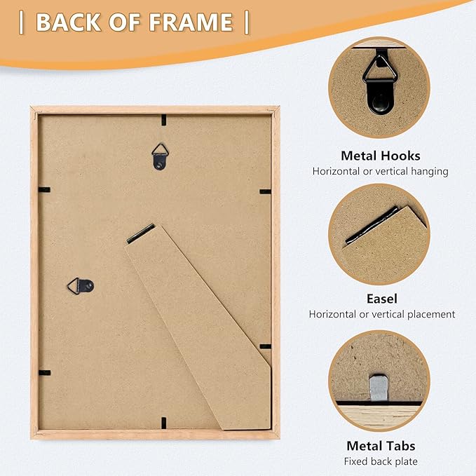 8x10 Picture Frame, OAK Wood Photo Frame 5x7 with Mat or 8x10 without Mat with Perspex Glass for Vertical or Horizontal Tabletop Wall Display for Photos, Paintings, Posters, Artwork, Set of 2