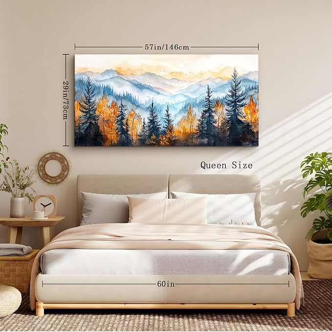 crmotu Landscape Wall Art, Mountain Wall Decor, Oversized Wall Art, Autumn Forest Scenic Watercolor Painting, Modern Pictures Wall Decor Living Room Bedroom Dining Room office Art Prints 29"X57"
