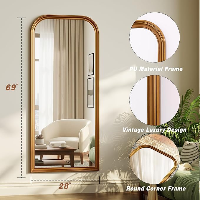 28"×69" Rounded Top Large Full Length Mirror, Arched Vintage Floor Stangding Body Mirror - PU Frame, Wall Mounted Hanging Leaning Antique Decor for Dressing Room, Entryway, Bedroom, Gold