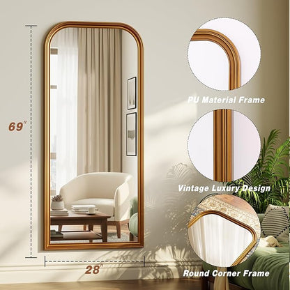 28"×69" Rounded Top Large Full Length Mirror, Arched Vintage Floor Stangding Body Mirror - PU Frame, Wall Mounted Hanging Leaning Antique Decor for Dressing Room, Entryway, Bedroom, Gold