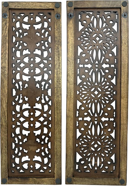 Floral Hand Carved Wooden Wall Panels Set of 2, Rustic Brown Decorative Wall Art for Living Room, Bedroom, Hallway & Home Décor, Vintage Rustic Finish Handmade Wooden Hanging Panels