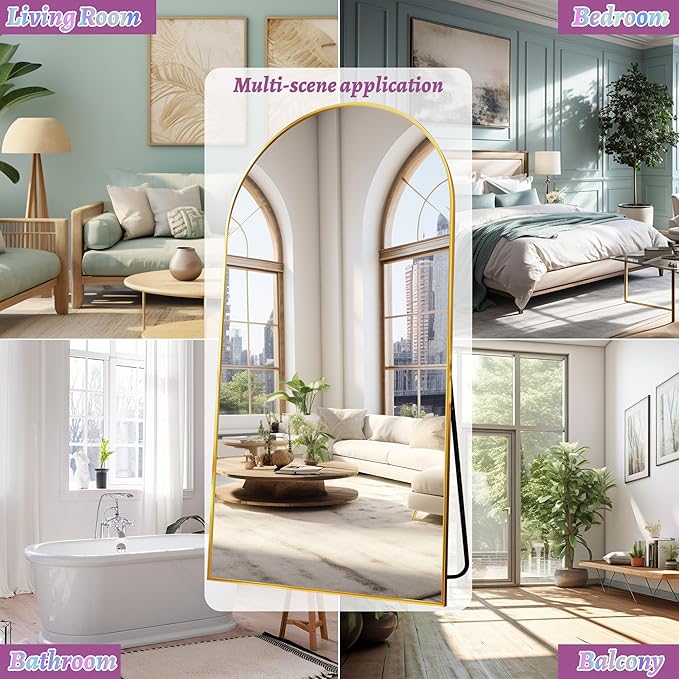 Full Length Mirror, 78"x38" Oversized Floor Mirror Freestanding, Full Body Floor Standing Mirror with Stand, Hanging Mounted for Bedroom Living Room, Gold, Arched Style