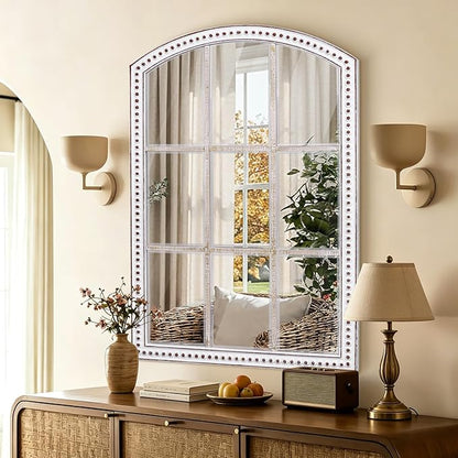 HOITUZYUS 36x24 Inch Arched Windowpane Wall Mirror Farmhouse Style, Rustic Decorative Mirrors for Living Room, Bedroom, Entryway, Hallway, Bathroom