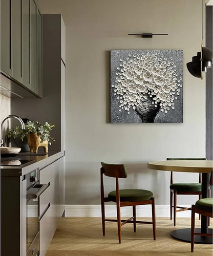White Flower Oil Painting Modern Abstract Art Oil Painting Home Bedroom, Dining Room, Living Room, Office Wall Decoration (20x20 inches)