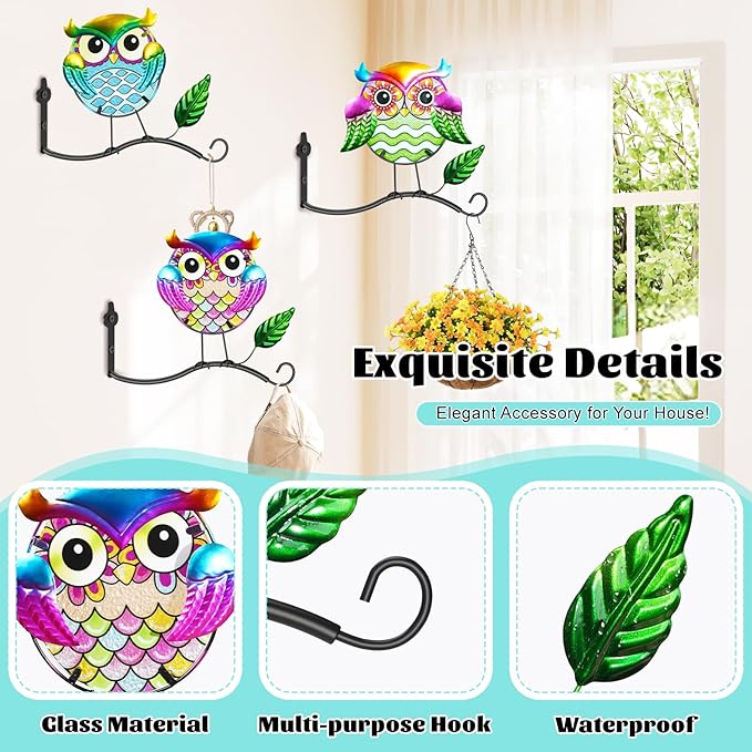 Metal Birds Wall Art Decor with Hanging Hooks, 3D Colorful Bird Outdoor Hanging Wall Art Patio Fence Decorations, Plant Bracket for Planters Wind Chimes Lanterns Garden Patio Decor (Owl)