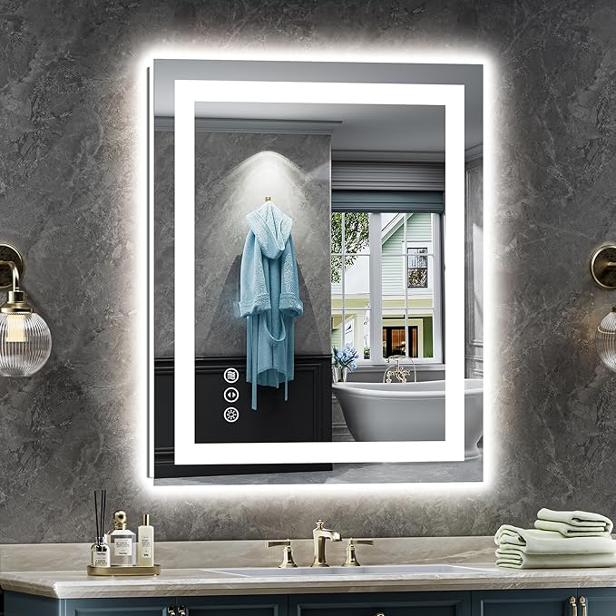 Briivue 24x32 Inch LED Bathroom Mirror with Lights, Backlit & Front Lit, Anti-Fog Lighted Bathroom Vanity Mirror for Wall, Memory Function, Dimmable, HD Tempered Glass, Shatter-Proof