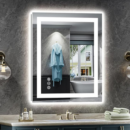 Briivue 24x32 Inch LED Bathroom Mirror with Lights, Backlit & Front Lit, Anti-Fog Lighted Bathroom Vanity Mirror for Wall, Memory Function, Dimmable, HD Tempered Glass, Shatter-Proof