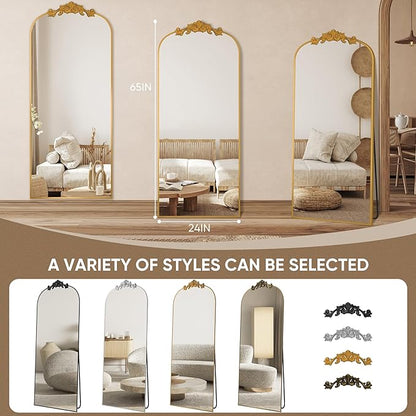 Antok Arched Full Length Mirror, 65"x24" Floor Mirror with Carved, Full Body Mirrors for HomeDecor, Standing/Halling Large Wall Mirror for Bedroom, Living Room, Cloakroom, Gold, Retro Style