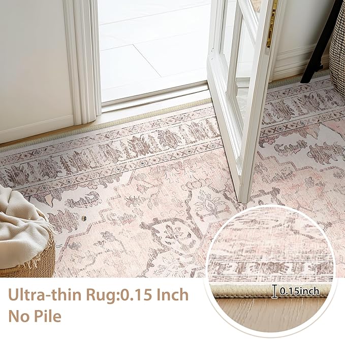 BESTSWEETIE 6x9 Area Rug Washable Rugs for Living Room, No Pile Boho Carpet for Entryway Bedroom Dinning Room, Vintage Carpet Print Distressed Non-Slip, 6 x 9 ft, Pink Beige Grey