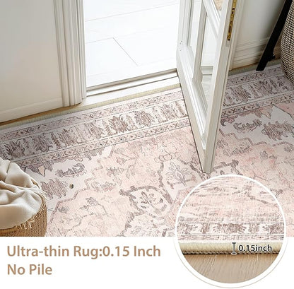 BESTSWEETIE 6ft Area Rug Washable Rugs for Living Room, No Pile Boho Carpet for Entryway Bedroom Dinning Room, Vintage Carpet Print Distressed Non-Slip, 72" Round, Pink Beige Grey