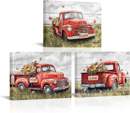 sechars Truck Wall Art Canvas Vintage Farmhouse Decor Faith Hope Love Floral Painting Prints (Red)