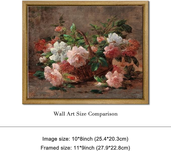 Pyradecor Vintage Wall Decor Retro Framed Canvas Wall Art A Basket with Roses Classical Floral Painting for Living Room Bedroom Farmhouse Decorations