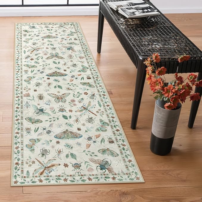 Lahome Insect Kitchen Runner Rugs Non Skid Washable, 2x6 Soft Washable Runner Non Slip, Ultra-Thin Hallway Rug Stain Resistant Carpet for ‎Laundry Bathroom Bedroom Vionnet(2x6ft,Beige)