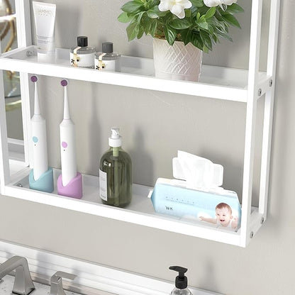 White Metal Framed Bathroom Mirror with Shelf, 40" X 24.4" Rectangular Wall Mounted Bathroom Vanity Mirror, Modern Bathroom Mirror with Storage for Over Sink, Entryway