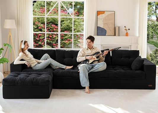 MAXYOYO 132" L Shaped Modular Sectional Sofa with Ottoman, Cloud Boneless Couch with Layered Cushion, Upholstered Sofa in a Box, Flexible Module Combination for Living Room, No Assembly, Black