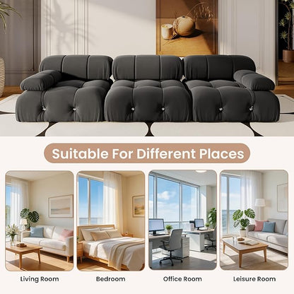 104'' Modular Sectional Sofa, Modern Luxury Velvet Bubble Couch, Deep Seat Cloud Sectional Black Couches for Living Room, Apartment (3 Seats, Black)