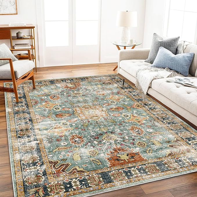 CHAMPLANT Area Rug 9'x12' Washable Vintage Traditional Mat Distressed Indoor Foldable Thin Retro Accent Floral Print Non Slip Carpet for Living Room Dining Room Office