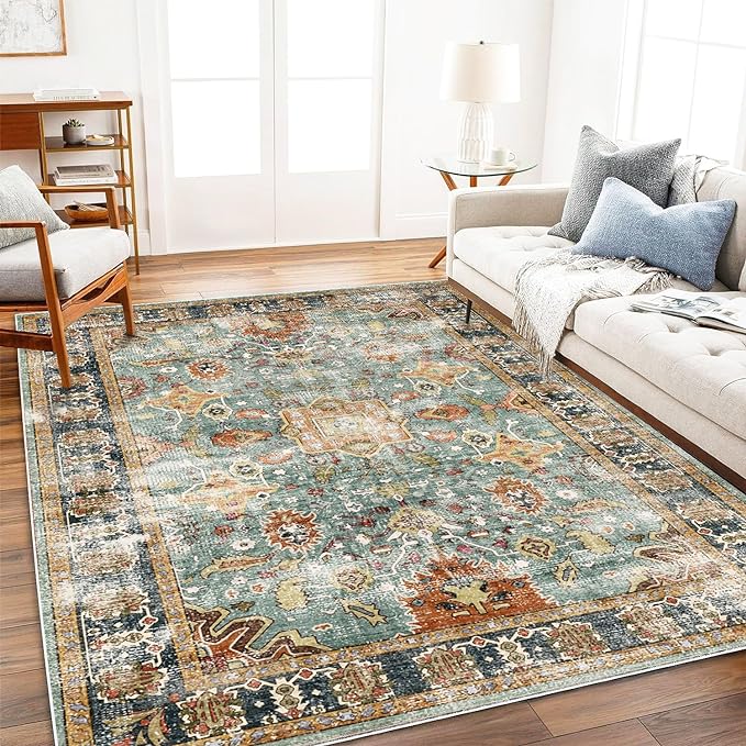 CHAMPLANT Area Rug 3'x5' Washable Vintage Traditional Floor Rugs Cover Foldable Thin Retro Accent Indoor Distressed Non Slip Carpet Floral Print Mat Bedroom Living Room Bathroom