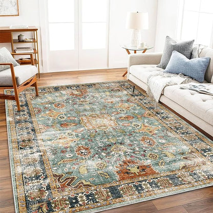 CHAMPLANT Area Rug 3'x5' Washable Vintage Traditional Floor Rugs Cover Foldable Thin Retro Accent Indoor Distressed Non Slip Carpet Floral Print Mat Bedroom Living Room Bathroom