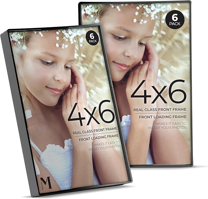 Mantello Front Loading Black Picture Frame - 4x6-Inch Photos -For Tabletop or Wall Decor - Artwork - 6 Pack