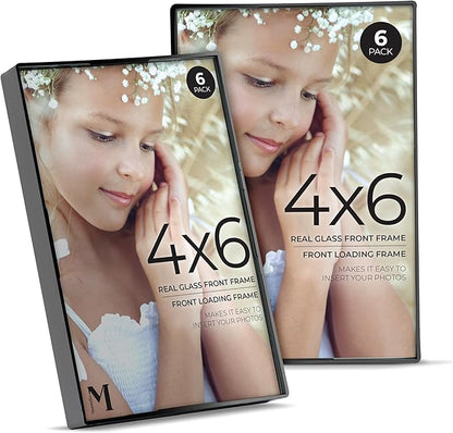 Mantello Front Loading Black Picture Frame - 4x6-Inch Photos -For Tabletop or Wall Decor - Artwork - 6 Pack
