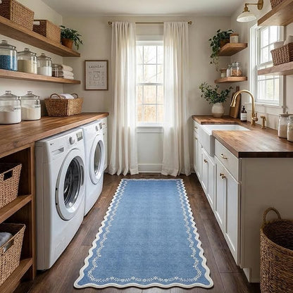 GarveeHome 2.6x10 Scalloped Washable Runner Rug for Kitchen, Soft Blue Long Hallway Runner Non Slip Entryway Rug Farmhouse Thin Laundry Mat Stain Resistant Carpet for Bathroom Beside Rug