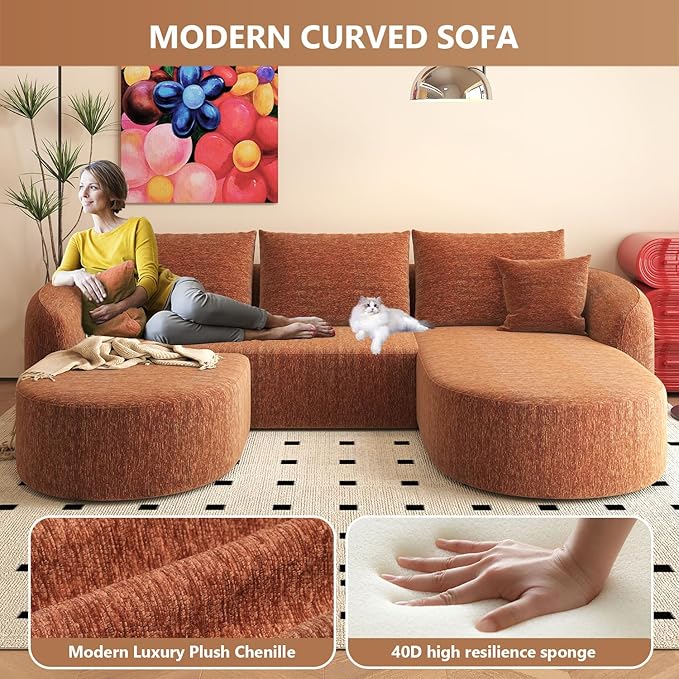 Settab 111" Modular Sectional Couches Luxury Modern Curved Back U-Shape Sofa Set with Ottoman,Minimalist Comfy Boneless Cloud Couch for Living Room Apartment,(Right Facing Chaise,Orange)
