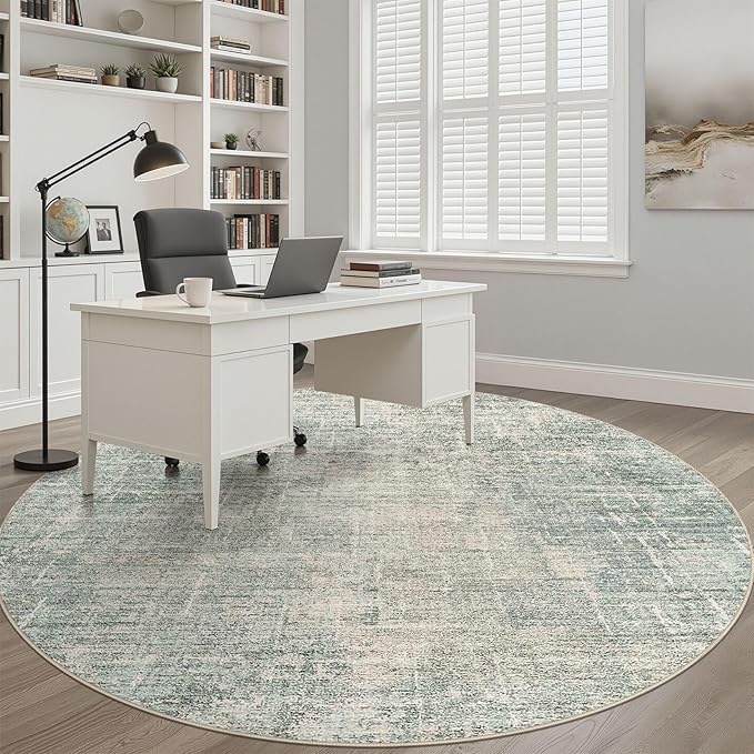 7ft Round Rug Living Room: 7x7 Washable Large Neutral Green Circle Area Rug Abstract Soft Modern Stain Resistant Indoor Floor Non-Slip Carpet for Bedroom Nursery Kids Office Playroom Dining Room