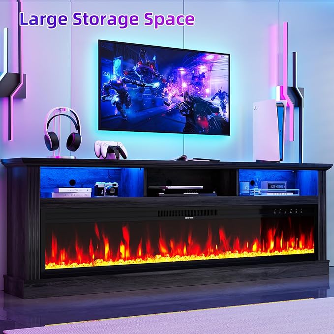 58" Fireplace TV Stand, TV Stand with 52" Fireplace, LED Light Entertainment Center with Storage Cabinets, Modern Media TV Console TV Table for Living Room, Black