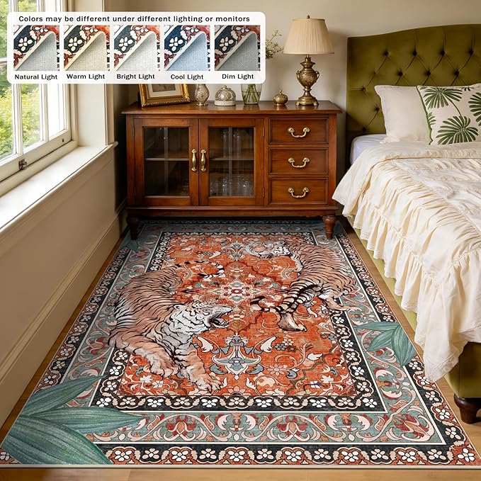 Tiger Washable Rugs for Living Room 4x6Ft, Boho Jungle Bedroom Area Rugs, Thin Botanical Entryway Nursery Area Floor Carpets for Dorm Dining Room Kids Playroom Study Farmhouse, Rust Red