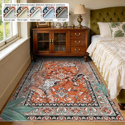 Tiger Washable Rugs for Living Room 4x6Ft, Boho Jungle Bedroom Area Rugs, Thin Botanical Entryway Nursery Area Floor Carpets for Dorm Dining Room Kids Playroom Study Farmhouse, Rust Red