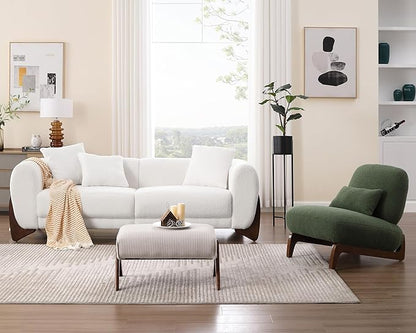 Morden Fort 2 Piece Cloud Couch Set, Modern Sherpa Boucle Sofa Set with Wood Legs, Skin-Friendly Minimalist Upholstered Comfy Couch Sofa for Living Room, White 3-Seater & Geen Tilt Back Chair Mix