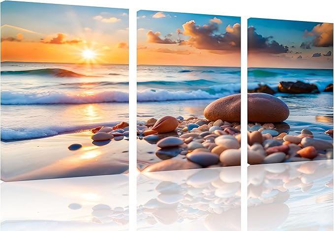 TutuBeer 3 Panels Sea Pictures for Wall Pictures of the Beach Blue Sea Sunset White Beach with Stone Print on Canvas Ocean Picture Wall Decor for Home Decor Decoration Ready to Hang 12x24inchx3