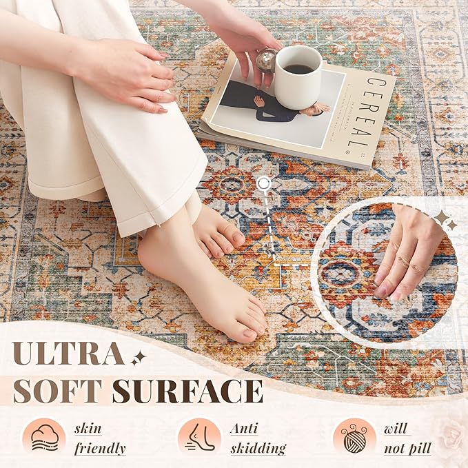 Area Rug 6x9 Vintage Rug: Washable Indoor Medallion Rugs Low Pile Distressed Floor Carpet Retro Accent Rug for Living Room Bedroom Kitchen Dining Table Home Office(Green/Yellow, 6'x9')